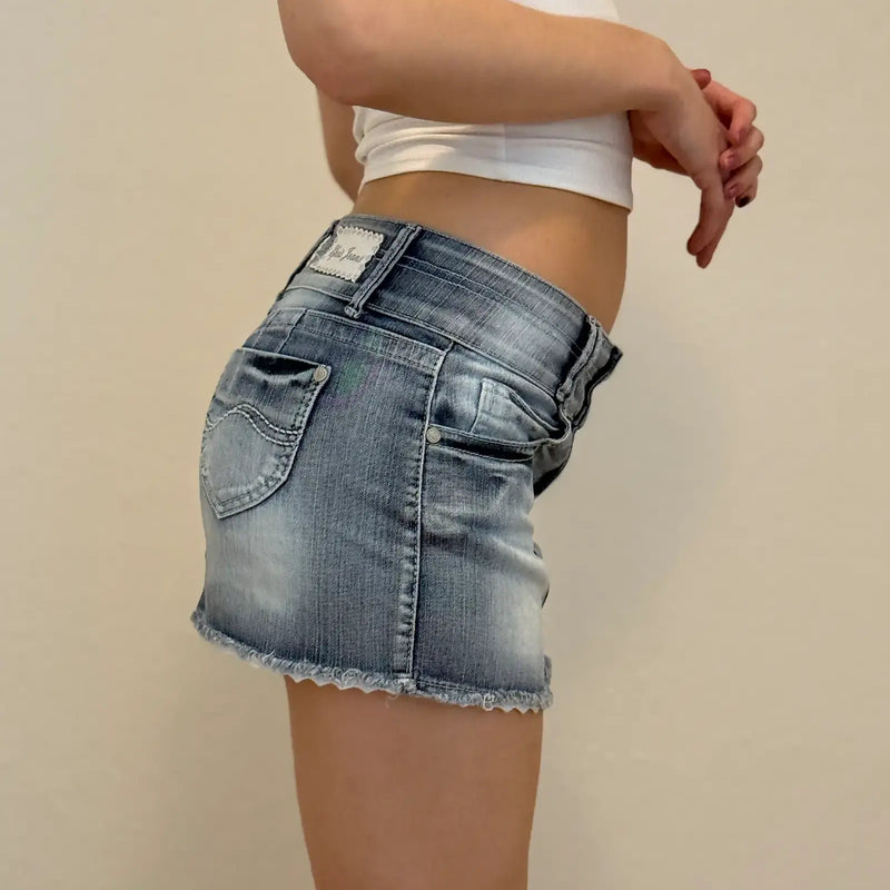 2000s Grey Wash Denim Micro Mini Skirt – Low Rise w/ Flower Patch (S)