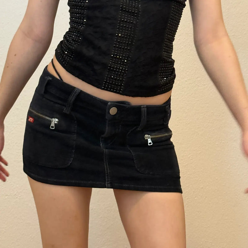 Miss Sixty Black Denim Micro Mini Skirt – Low Rise with Zipper Pocket (XS/S)