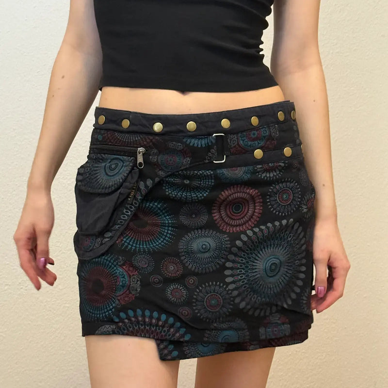 Boho Festival Skirt – Black Wrap Mini with Pockets & Stud Detail (S/M)