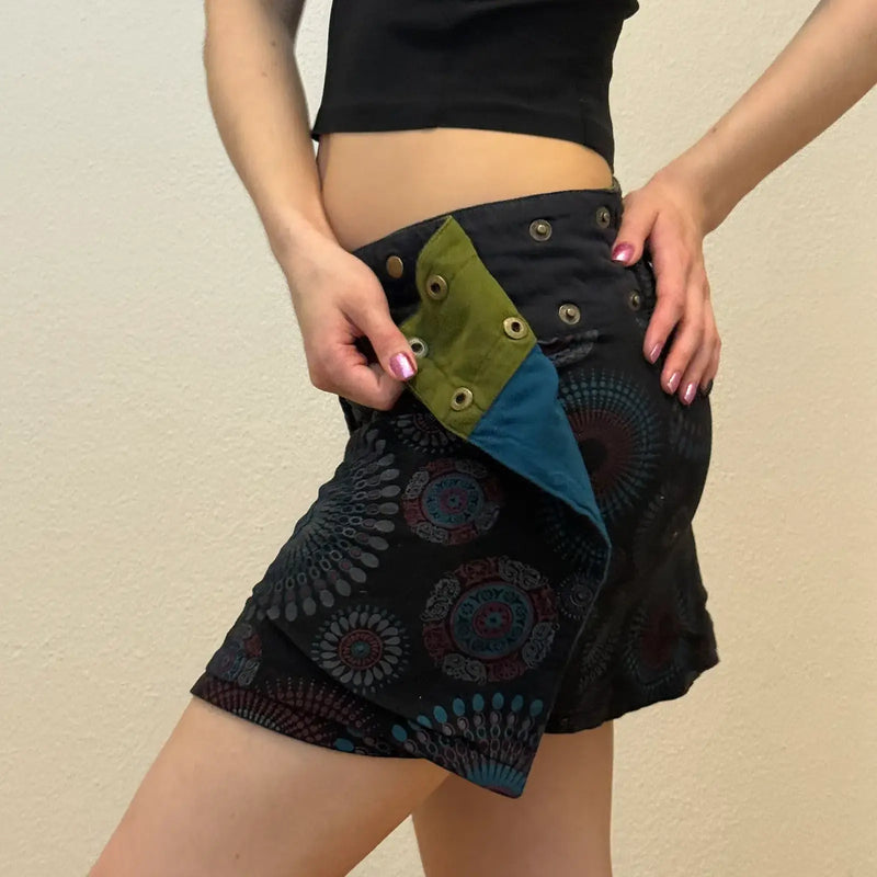 Boho Festival Skirt – Black Wrap Mini with Pockets & Stud Detail (S/M)