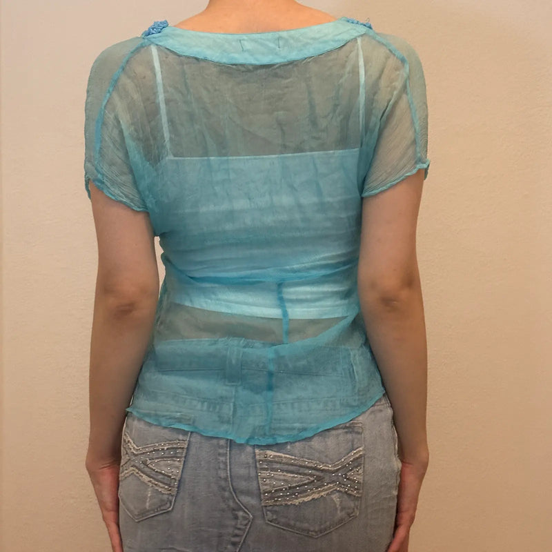 Y2K Sheer Blue Embroidered Top – Vintage 2000s Beaded Blouse (S/M)