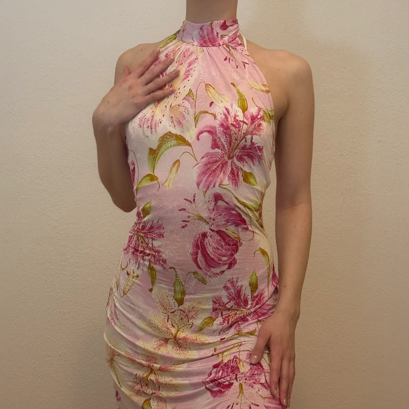 Retro Botanical Print Dress – Pink Halter Neck Floral Slip Style (S)