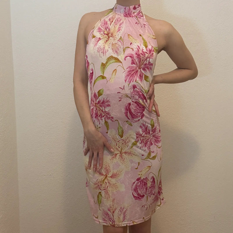 Retro Botanical Print Dress – Pink Halter Neck Floral Slip Style (S)