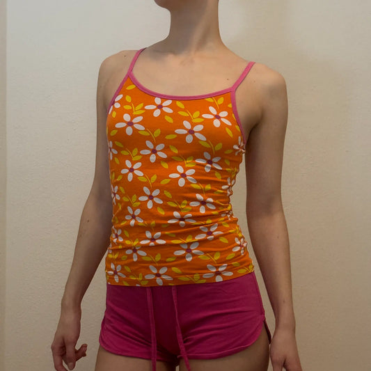 Y2K Orange Daisy Cami – Vintage Floral Spaghetti Strap Tank (S)