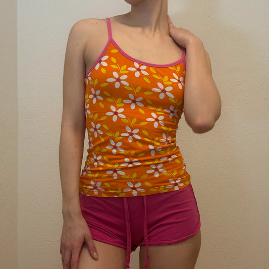 Y2K Orange Daisy Cami – Vintage Floral Spaghetti Strap Tank (S)