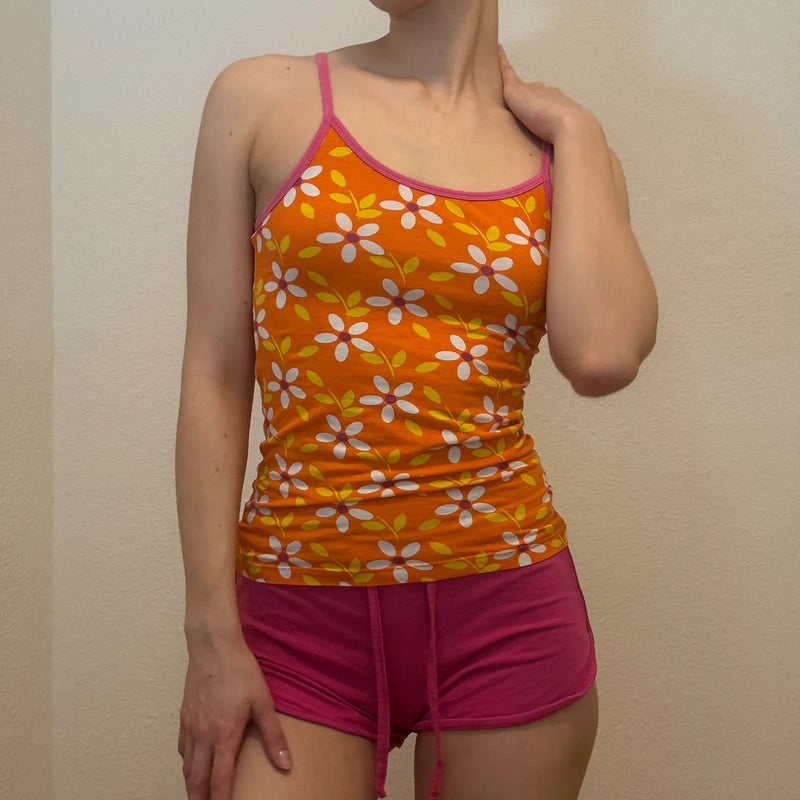 Y2K Orange Daisy Cami – Vintage Floral Spaghetti Strap Tank (S)