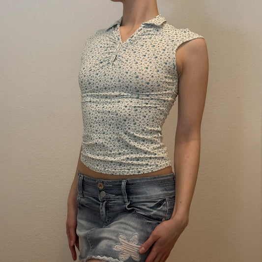 Retro Floral Print Collared Top – Fitted Vintage Polo Tee (XS)