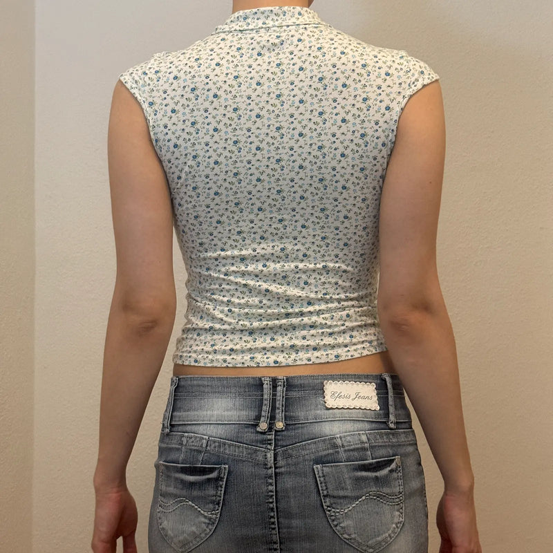 Retro Floral Print Collared Top – Fitted Vintage Polo Tee (XS)