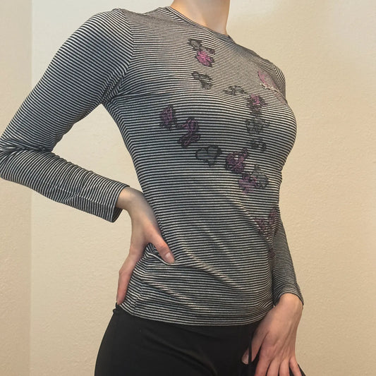 Striped Long Sleeve Top with Purple Butterfly Print – Y2K Vintage (S)