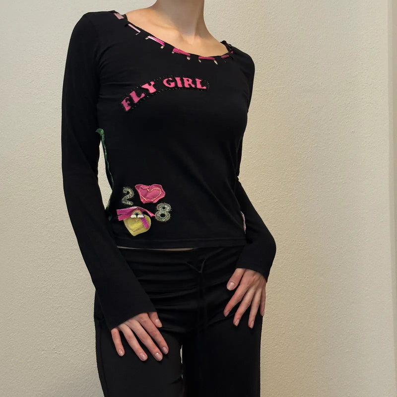 Y2K Fly Girl Long Sleeve Top – Black Graphic Vintage 2000s Tee (S)