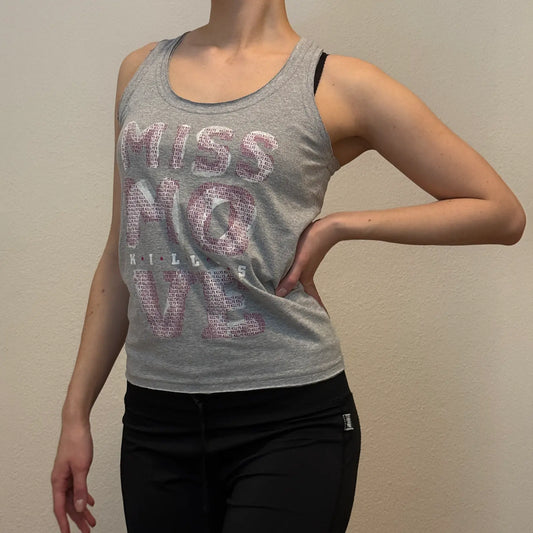 Y2K Graphic Tank Top – Grey Sleeveless “Miss Move” Print Tee (S)