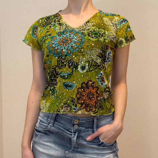 Y2K Green Floral Rhinestone Top – Vintage 2000s Beaded Festival Tee (S)
