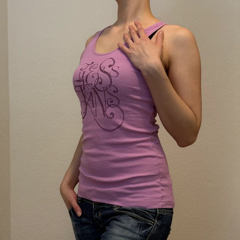 Guess Jeans Logo Tank – Vintage Y2K Lilac Ribbed Top (S)