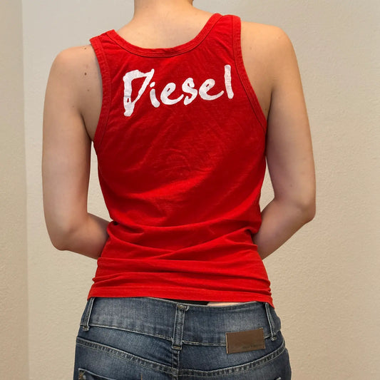 Vintage Y2K Diesel Red Tank Top – Logo Front & Back Graphic (S)