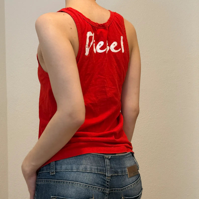 Vintage Y2K Diesel Red Tank Top – Logo Front & Back Graphic (S)