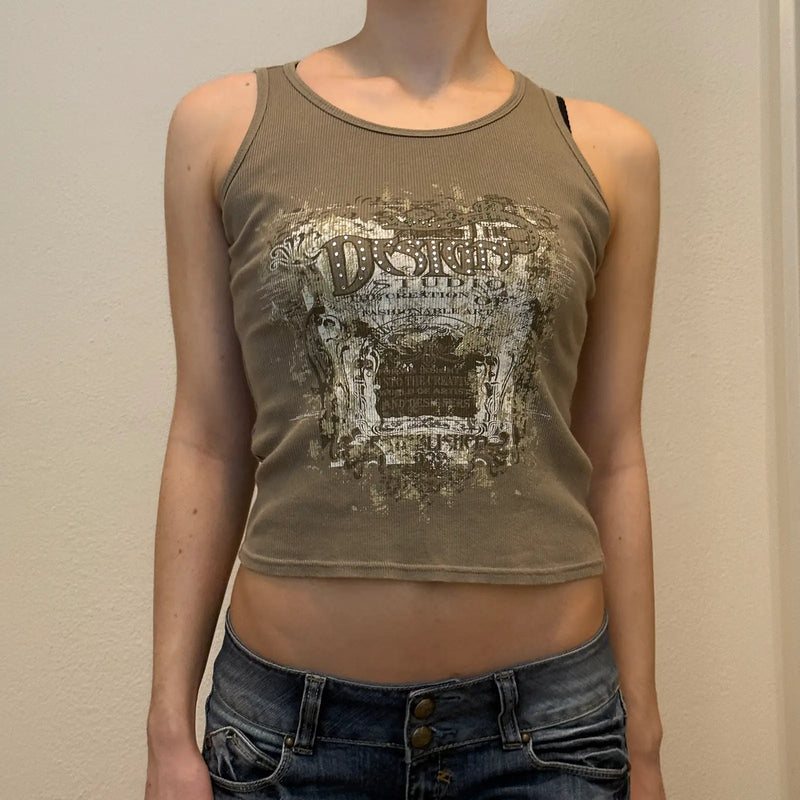 Y2K Distressed Graphic Tank Top – Khaki Ribbed Sleeveless Tee (XS/S)