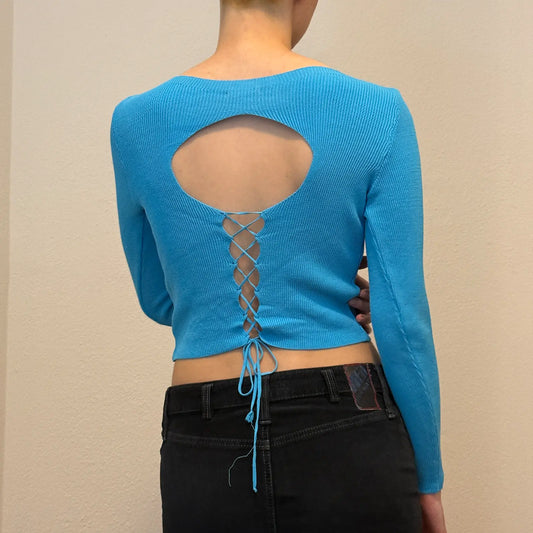 Blue Knit Long Sleeve Crop Top – Minimalist Y2K Stretch Sweater (S)