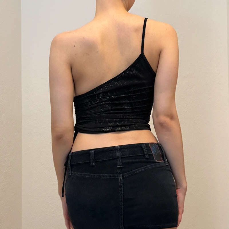 Black One-Shoulder Mesh Top – Vintage Y2K Asymmetric Cami (XS/S)