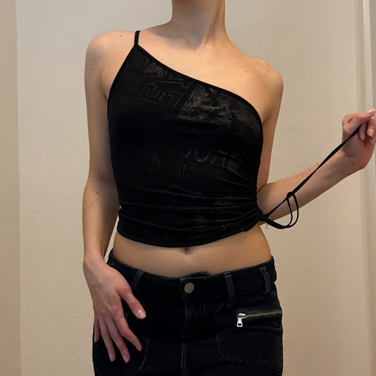 Black One-Shoulder Mesh Top – Vintage Y2K Asymmetric Cami (XS/S)
