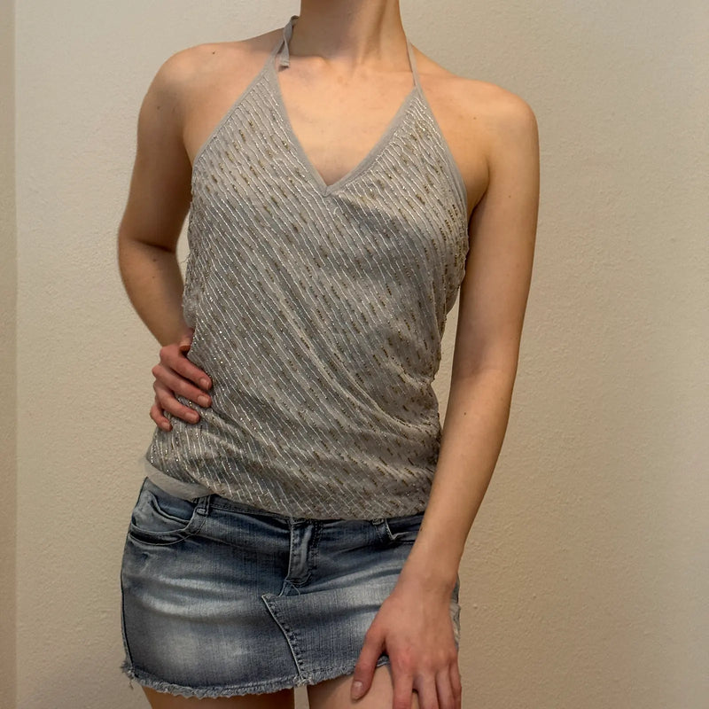 Retro Silver Glitter Halter Top – Vintage 2000s Party Cami (S/M)