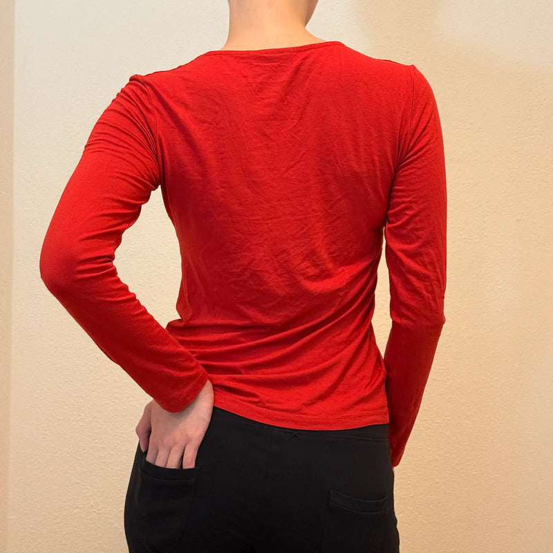 Vintage Red Long Sleeve Top – Ruched Front Y2K Style (M)