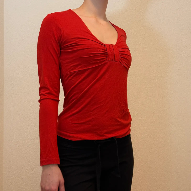 Vintage Red Long Sleeve Top – Ruched Front Y2K Style (M)