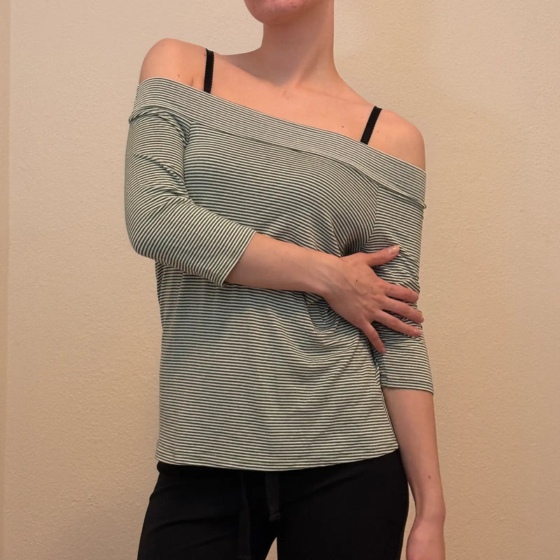 Striped Off-Shoulder 3/4 Sleeve Top – Casual Y2K Minimalist (S)