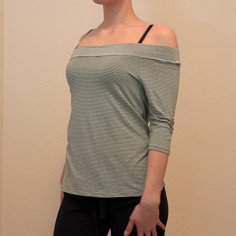 Striped Off-Shoulder 3/4 Sleeve Top – Casual Y2K Minimalist (S)