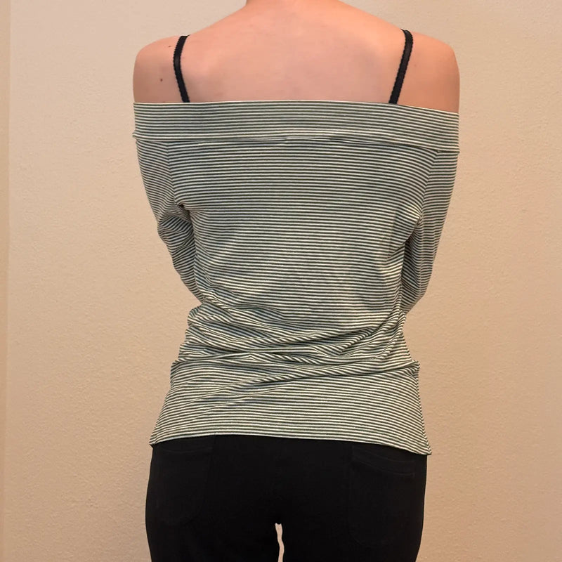 Striped Off-Shoulder 3/4 Sleeve Top – Casual Y2K Minimalist (S)