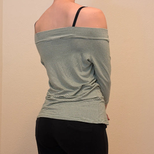 Striped Off-Shoulder 3/4 Sleeve Top – Casual Y2K Minimalist (S)