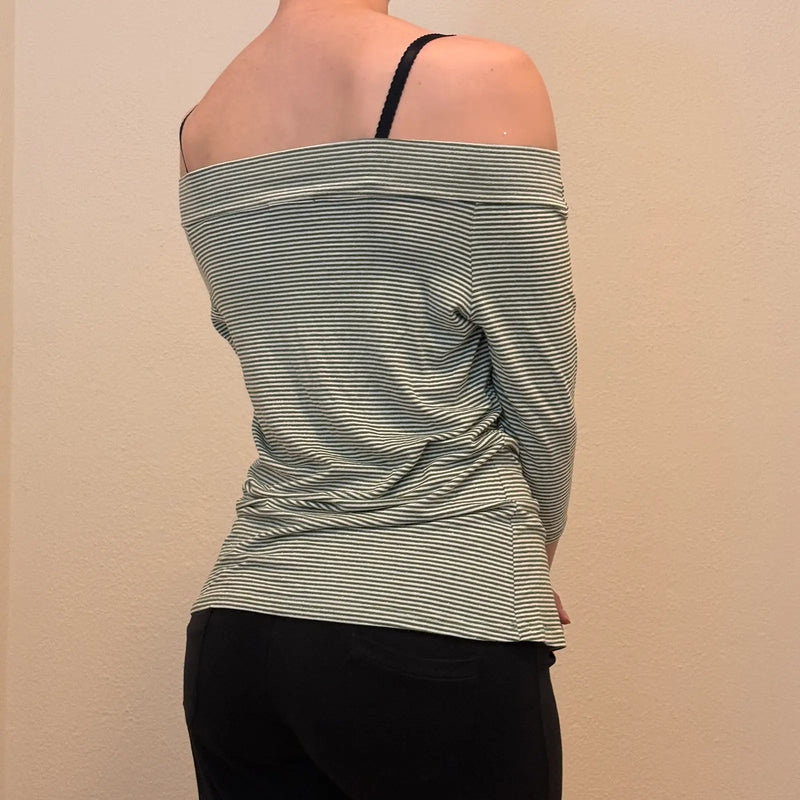 Striped Off-Shoulder 3/4 Sleeve Top – Casual Y2K Minimalist (S)