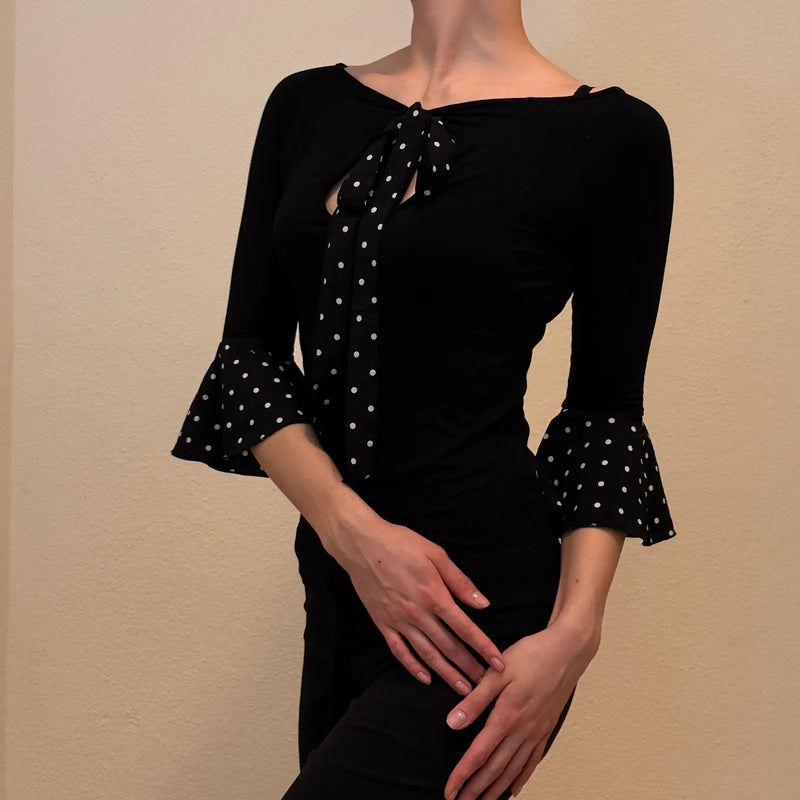 Denny Rose Coquette Black Bow Polka Dot Top – Vintage Y2K Romantic Style (S/M)