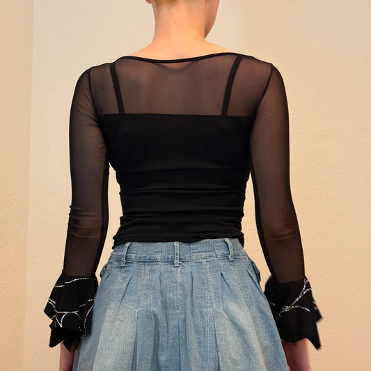 Y2K Black Sheer Mesh Long Sleeve Top with Silver Swirls & Bell Sleeves (S)