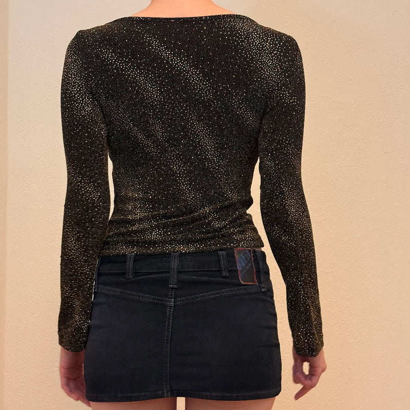 Y2K Black & Gold Shimmer Long Sleeve Top – Vintage Partywear (S)
