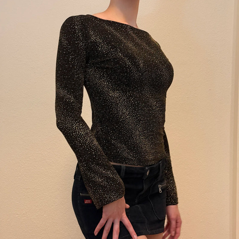 Y2K Black & Gold Shimmer Long Sleeve Top – Vintage Partywear (S)
