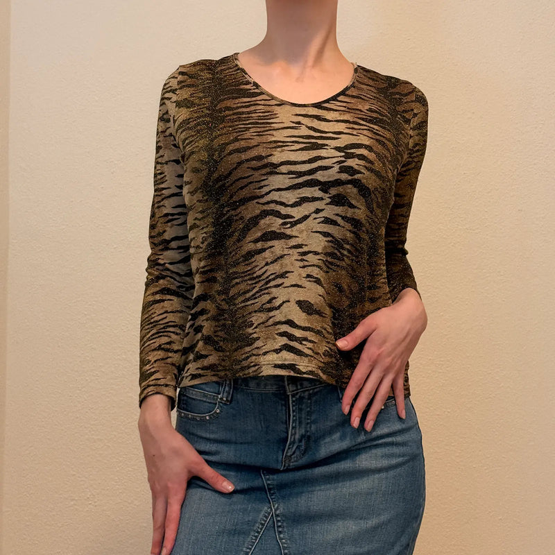 Vintage Y2K Tiger Print Long Sleeve Top – Metallic Shimmer Animal Print Clubwear (S)