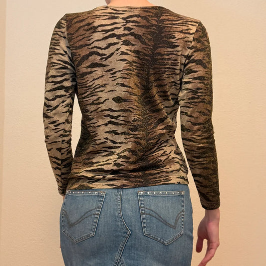 Vintage Y2K Tiger Print Long Sleeve Top – Metallic Shimmer Animal Print Clubwear (S)