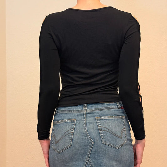 Vintage Y2K Black Cut Out Sleeve Top – Long Sleeve Lattice Clubwear Shirt (S)