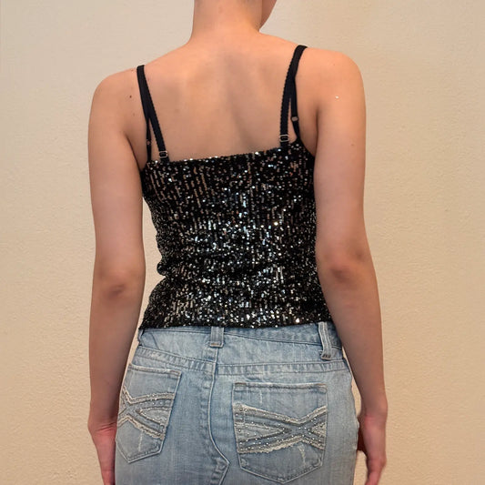 Black Sequin Camisole – Vintage Y2K Party Tank Top (S)