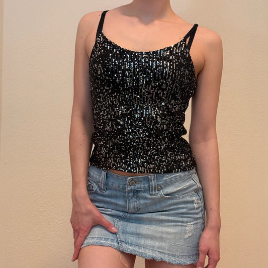 Black Sequin Camisole – Vintage Y2K Party Tank Top (S)