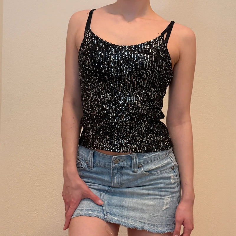 Black Sequin Camisole – Vintage Y2K Party Tank Top (S)