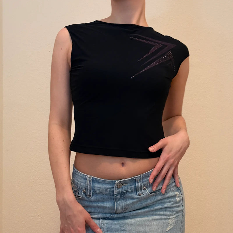 Black Lightning Rhinestone Tank – Vintage Y2K Fitted Top (S)