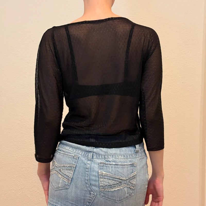 Sheer Black Mesh Top – Retro Long Sleeve Layering Blouse (S)