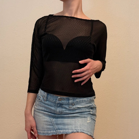 Sheer Black Mesh Top – Retro Long Sleeve Layering Blouse (S)