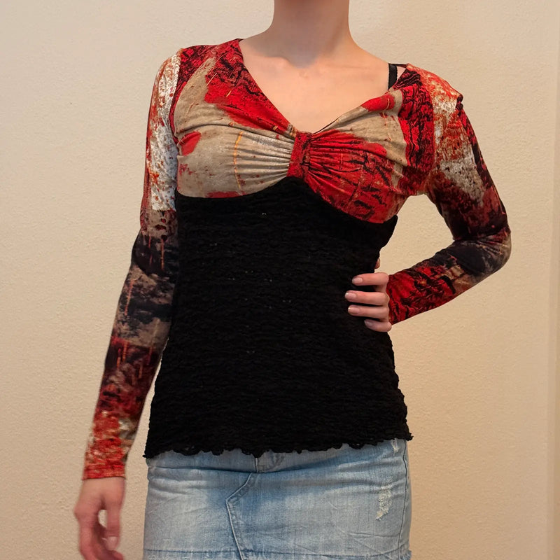 Retro Abstract Print Long Sleeve Top – Vintage Y2K Red & Black Textured Blouse (M)