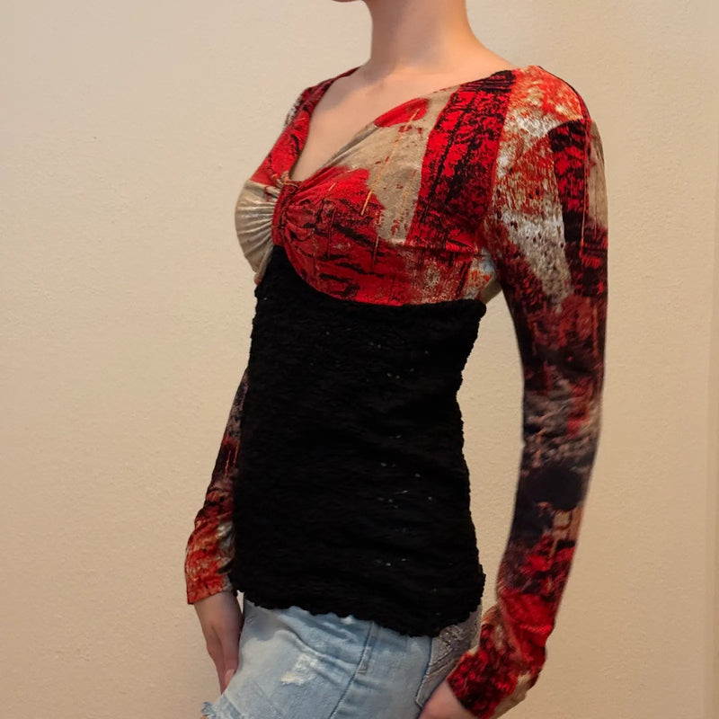 Retro Abstract Print Long Sleeve Top – Vintage Y2K Red & Black Textured Blouse (M)