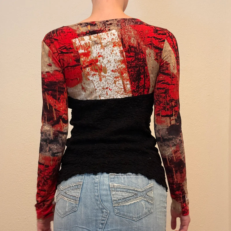 Retro Abstract Print Long Sleeve Top – Vintage Y2K Red & Black Textured Blouse (M)