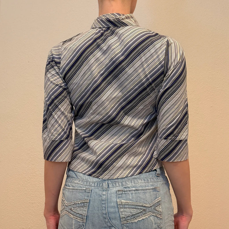 Striped Zip-Up Collared Top – Retro Long Sleeve Shirt (S)