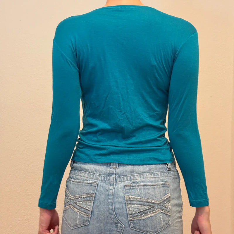 Teal Long Sleeve Fitted Top – Minimalist Y2K Basic (S)