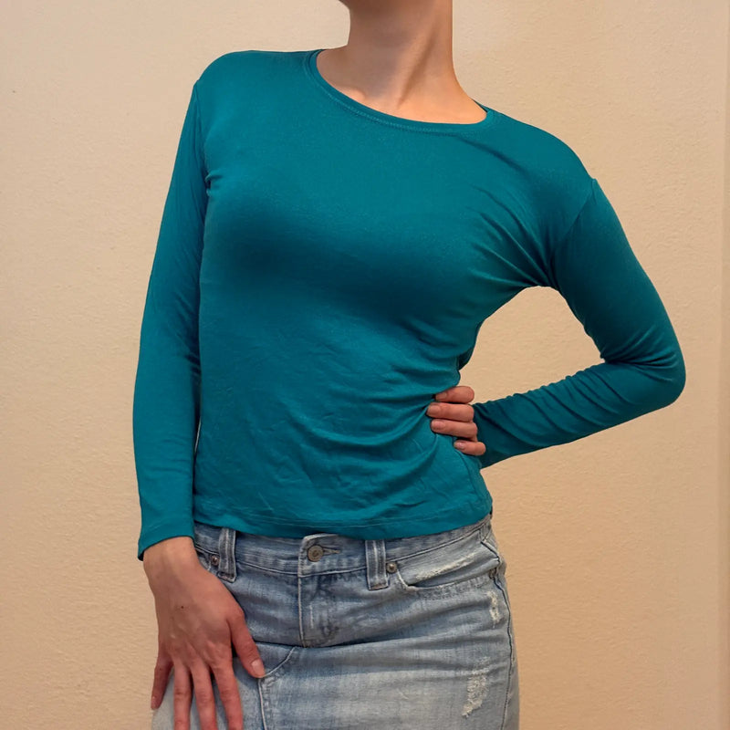 Teal Long Sleeve Fitted Top – Minimalist Y2K Basic (S)